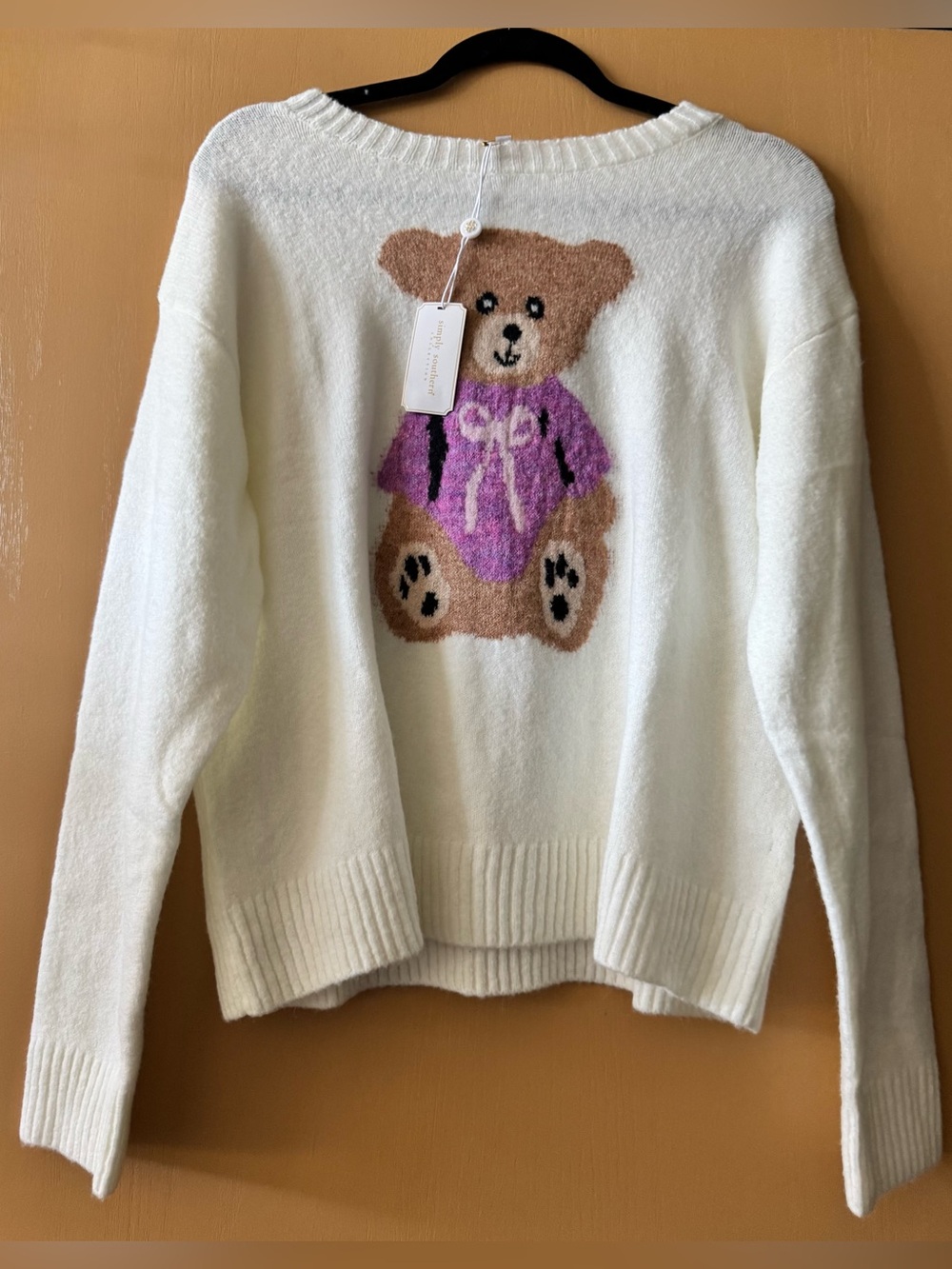 Simply Southern Fuzzy White L Sweater w Teddy Bear NWT